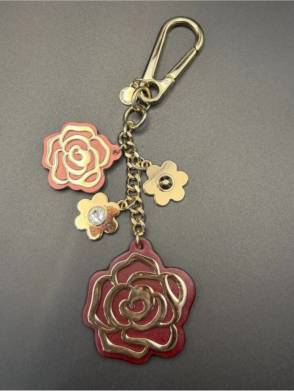 Michael Kors Gold-Tone & Burgundy Floral Charm Keychain